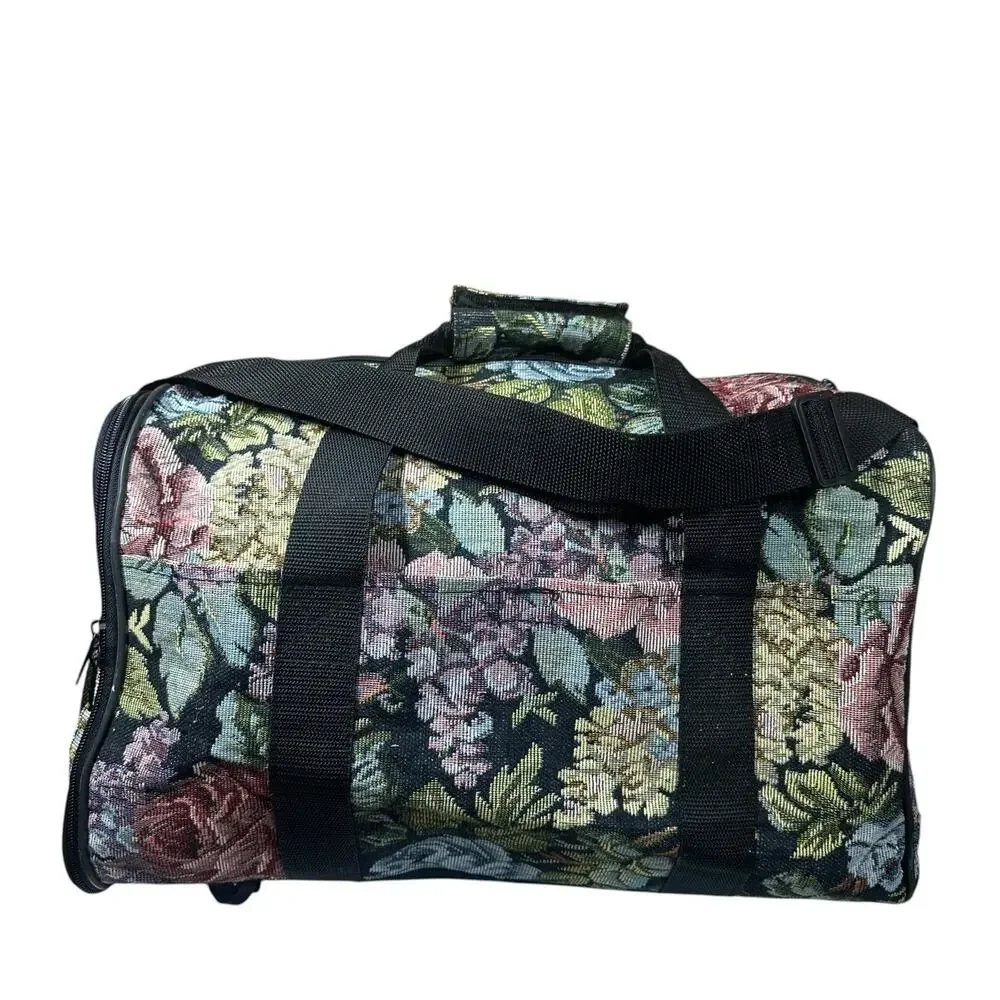 Vtg Tapestry Black Floral Cat Pet Carrier Bag with Wheels Adjustable Strap Tote
